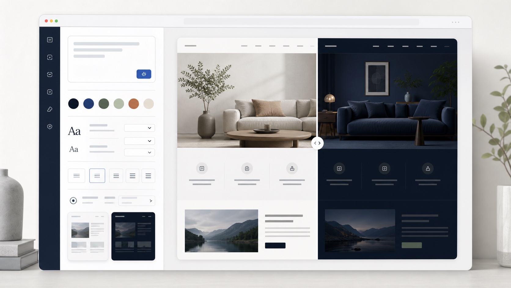 AI website theme editor showing a prompt, visual controls, and before and after previews